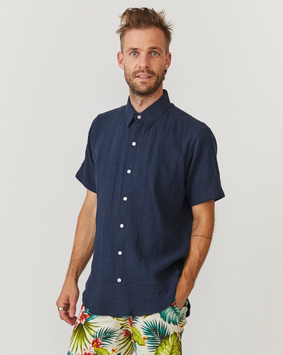 Men 18 Waits Shirts | Short Sleeve Dylan | Navy Gauze