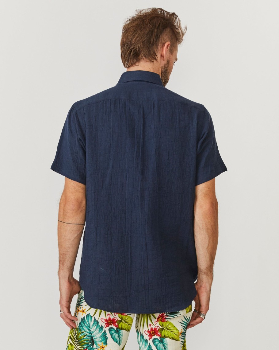 Men 18 Waits Shirts | Short Sleeve Dylan | Navy Gauze