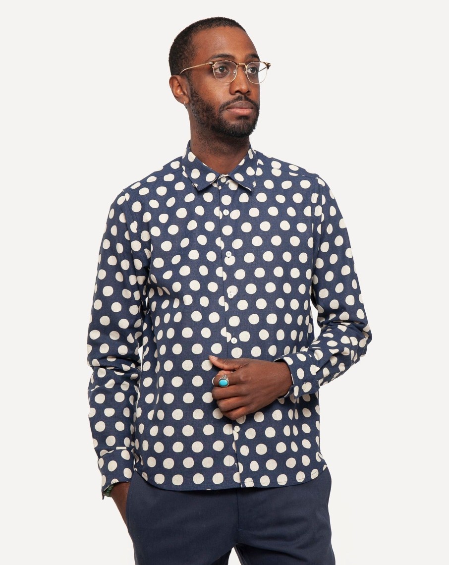 Men 18 Waits Shirts | Long Sleeve Dylan Shirt | Tipsy Linen Dots - Navy