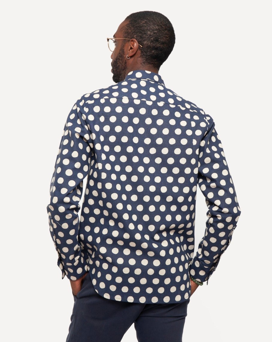 Men 18 Waits Shirts | Long Sleeve Dylan Shirt | Tipsy Linen Dots - Navy