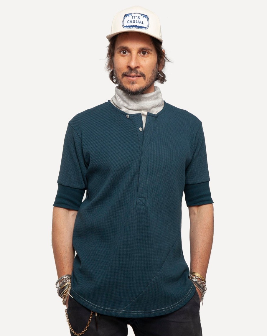 Men 18 Waits Knits | T-Shirts | Hitchhiker Henley | Organic | Ultramarine Micro Waffle