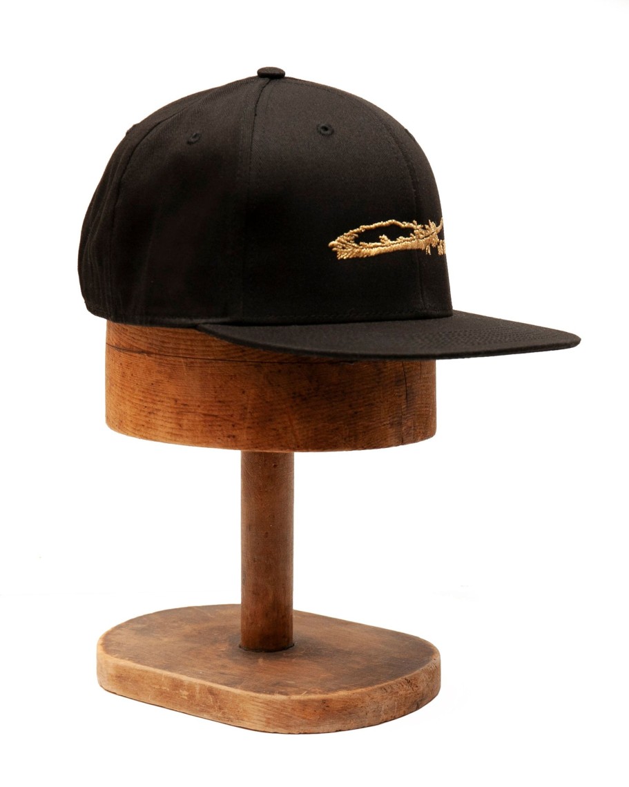 Men 18 Waits Hats & Caps | Flat Bill Snapback Cap | Gold Feather Logo On Black