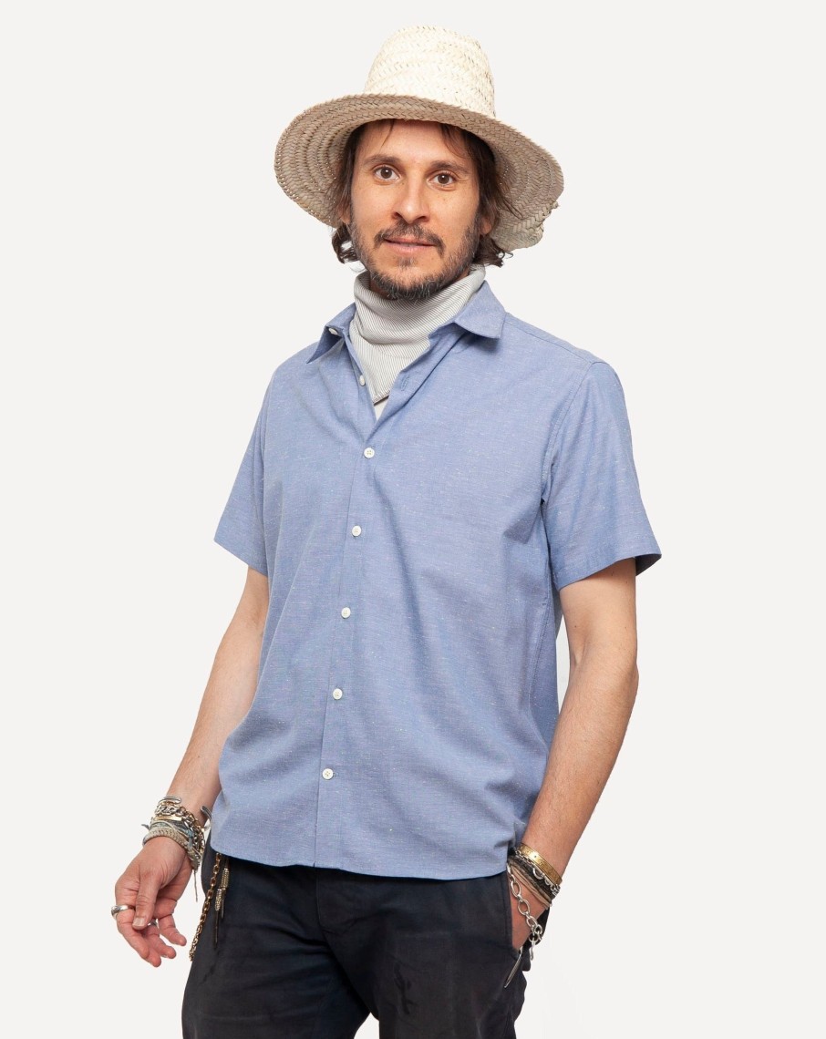 Men 18 Waits Shirts | Short Sleeve Dylan Shirt | Blue Fleck