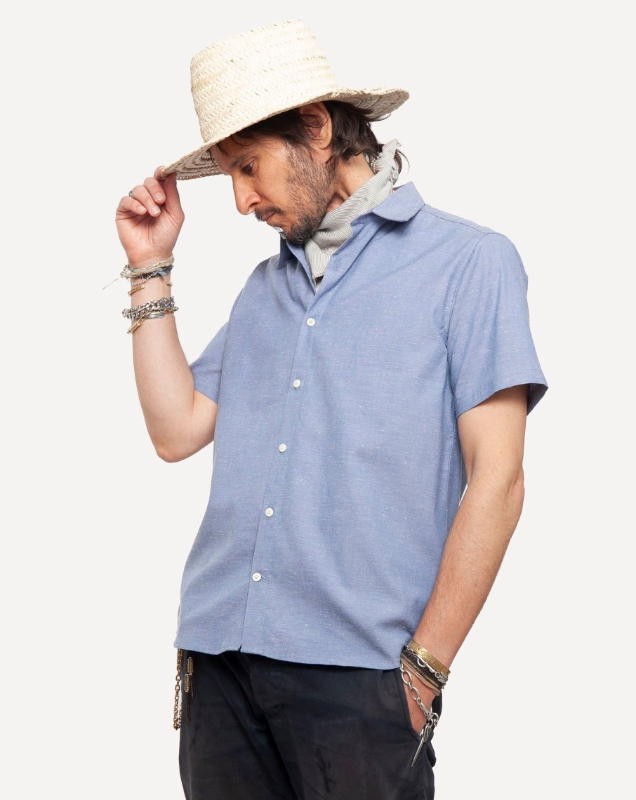 Men 18 Waits Shirts | Short Sleeve Dylan Shirt | Blue Fleck