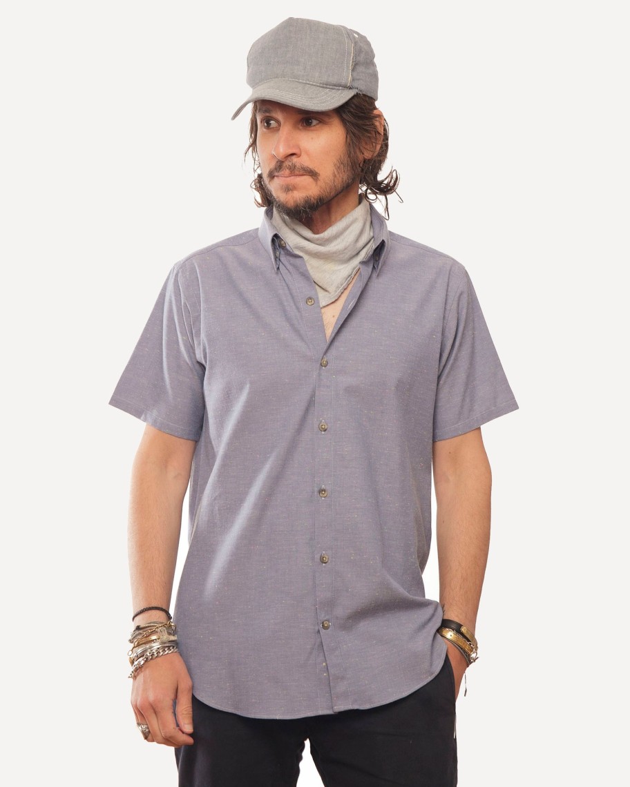 Men 18 Waits Shirts | Short Sleeve Dylan Shirt | Chambray Flecks (Blue)