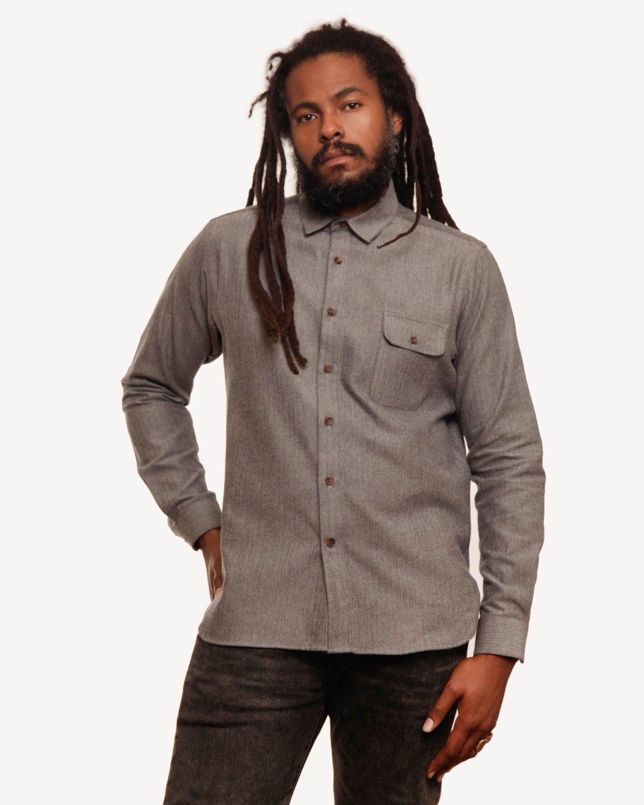 Men 18 Waits Shirts | Long Sleeve Neuwirth Shirt | Light Grey Herringbone