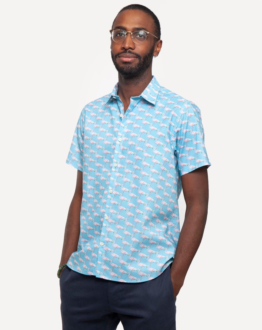 Men 18 Waits Shirts | Short Sleeve Dylan Shirt | Teal Flamingos