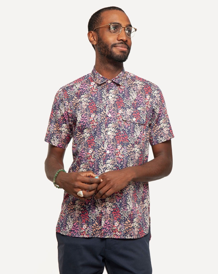 Men 18 Waits Shirts | Short Sleeve Neuwirth Shirt | 60'S Floral - Navy