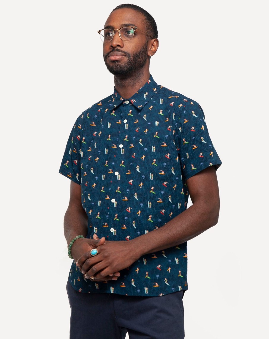 Men 18 Waits Shirts | Short Sleeve Dylan Shirt | Seersucking Surfers - Navy