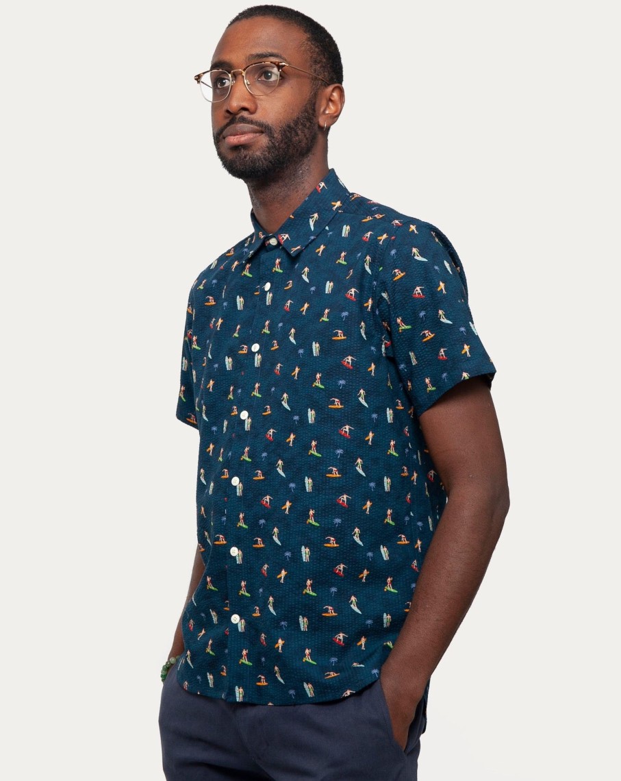 Men 18 Waits Shirts | Short Sleeve Dylan Shirt | Seersucking Surfers - Navy