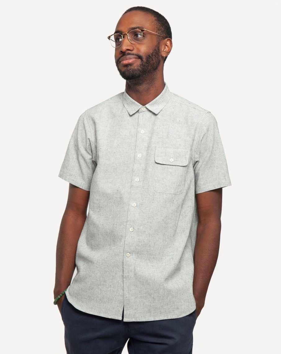 Men 18 Waits Shirts | Short Sleeve Neuwirth Shirt | Indigo Linen Hatches