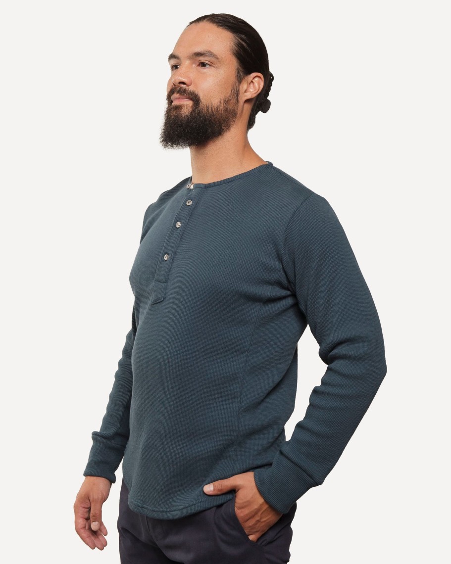 Men 18 Waits Knits | T-Shirts | Heritage Henley | Organic | Ultramarine Micro Waffle