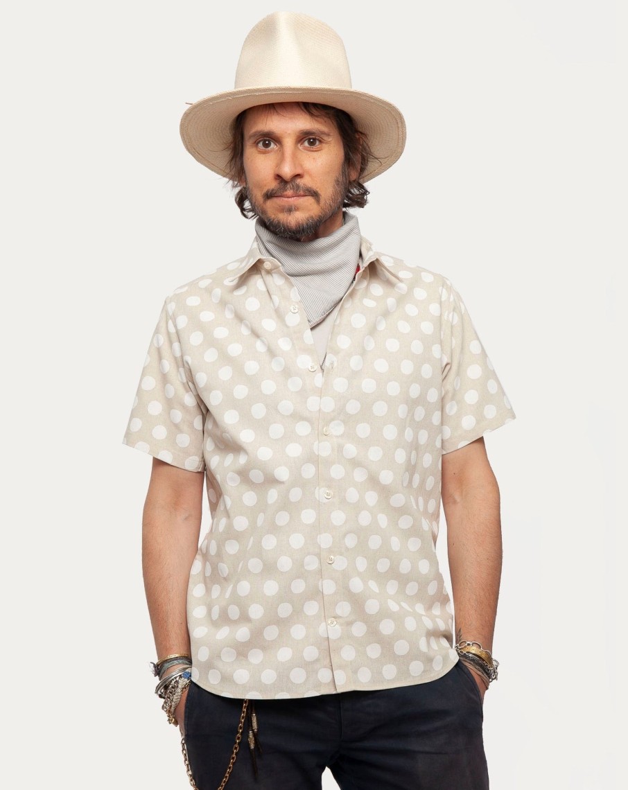 Men 18 Waits Shirts | Short Sleeve Dylan Shirt | Tipsy Linen Dots - Natural White