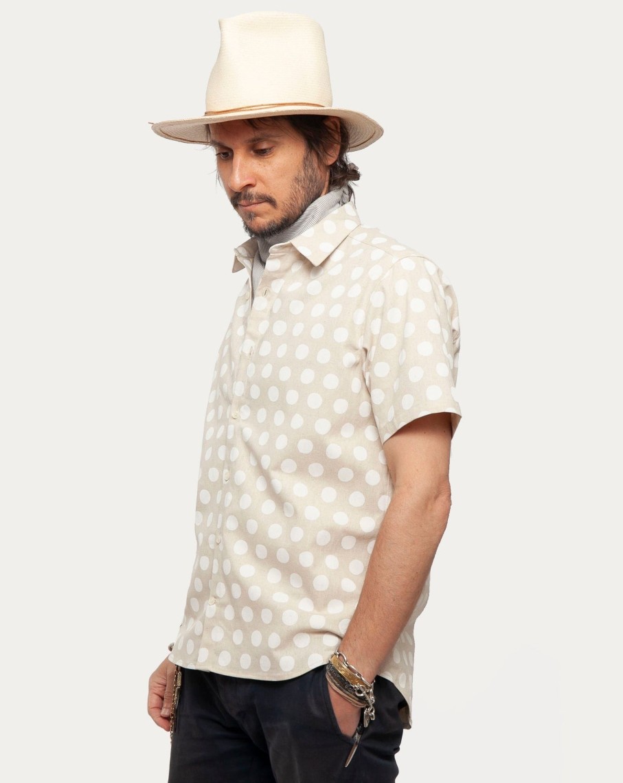 Men 18 Waits Shirts | Short Sleeve Dylan Shirt | Tipsy Linen Dots - Natural White