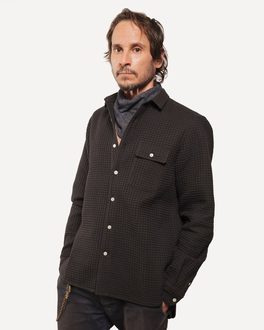 Men 18 Waits Shirts | Long Sleeve Neuwirth Shirt | Lux Organic Waffle - Black