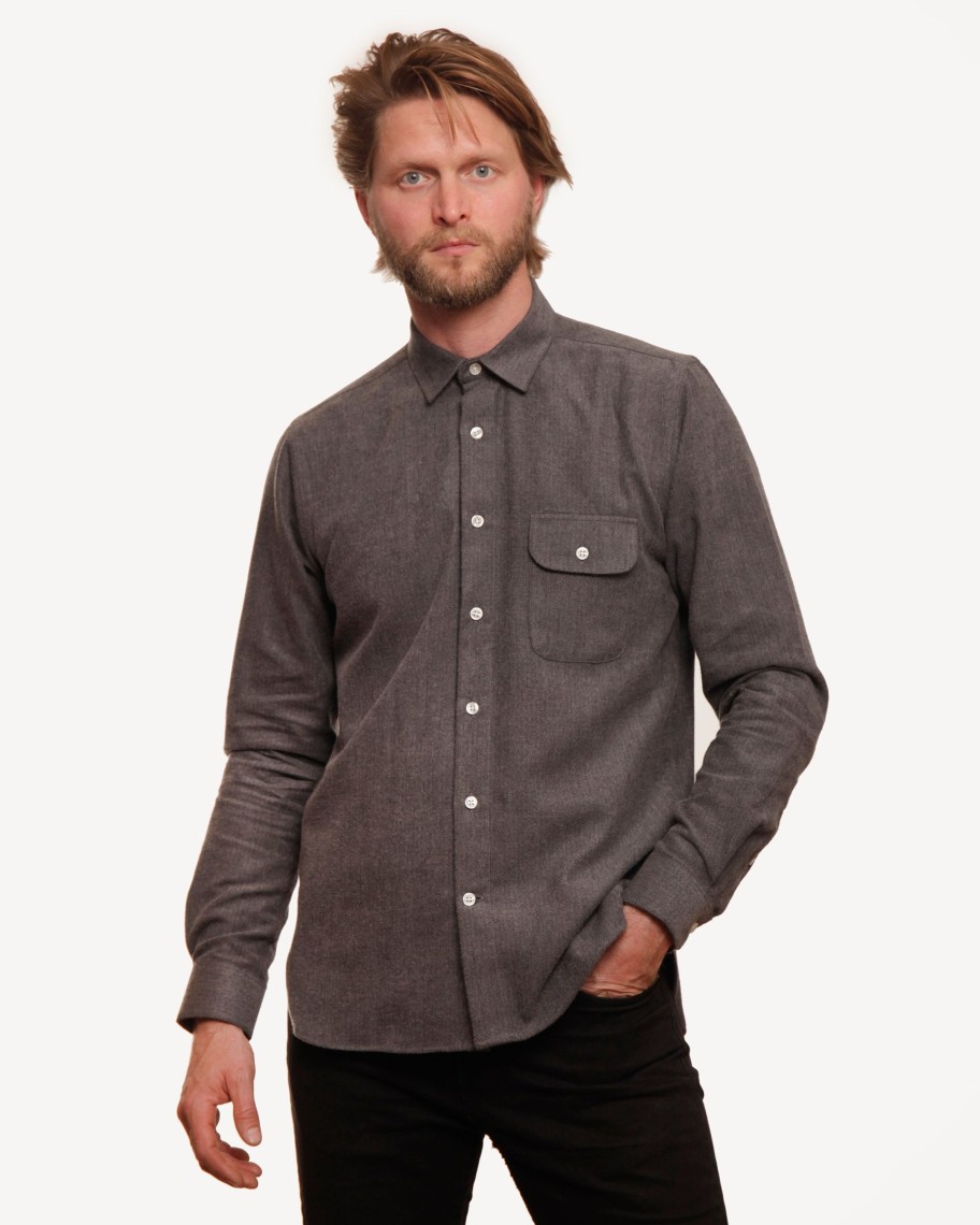 Men 18 Waits Shirts | Long Sleeve Neuwirth Shirt | Dark Grey Herringbone