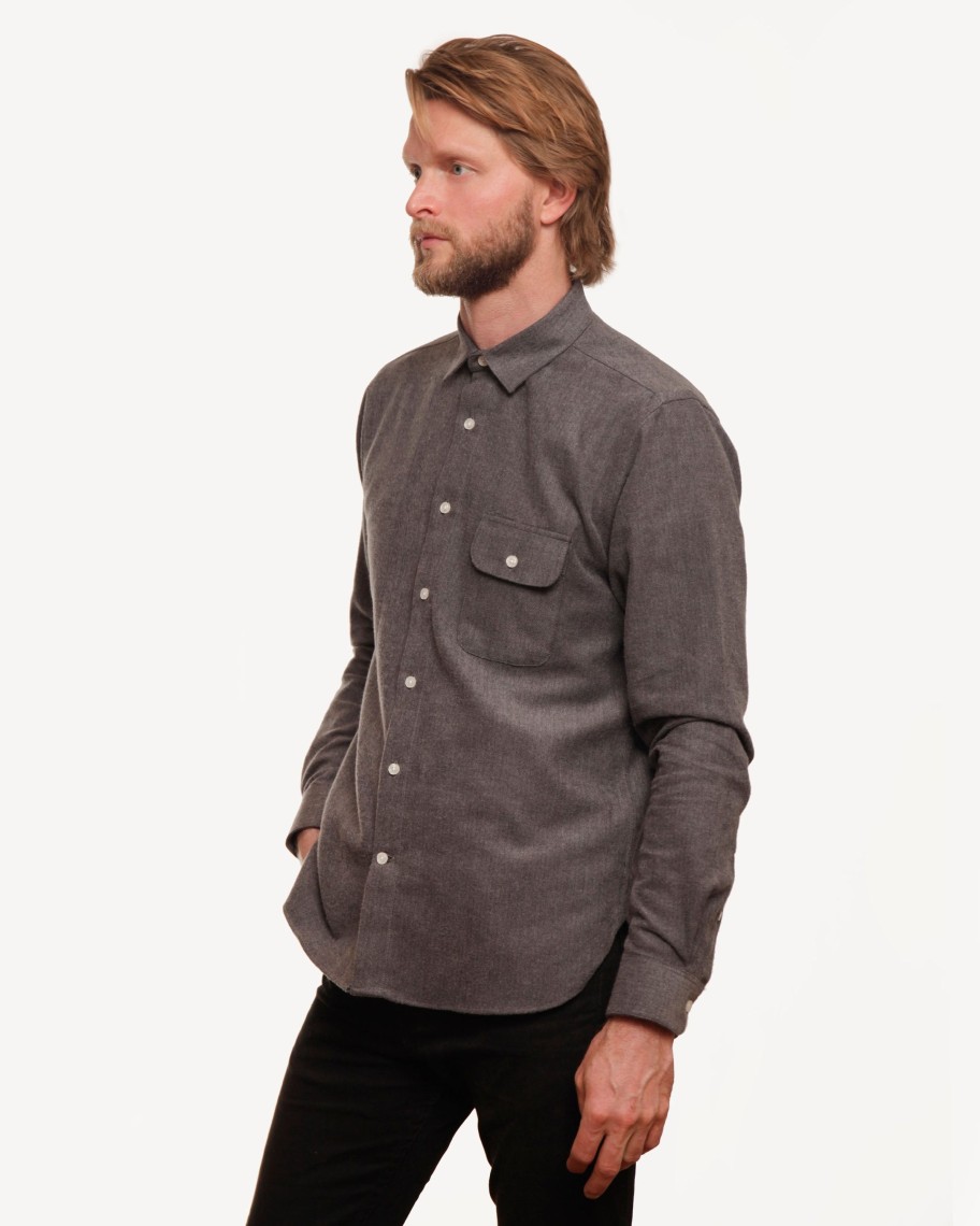 Men 18 Waits Shirts | Long Sleeve Neuwirth Shirt | Dark Grey Herringbone