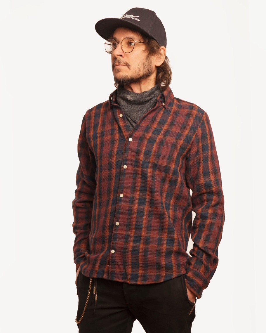 Men 18 Waits Shirts | Long Sleeve Dylan Shirt | Baja Plaid Burgundy Blues