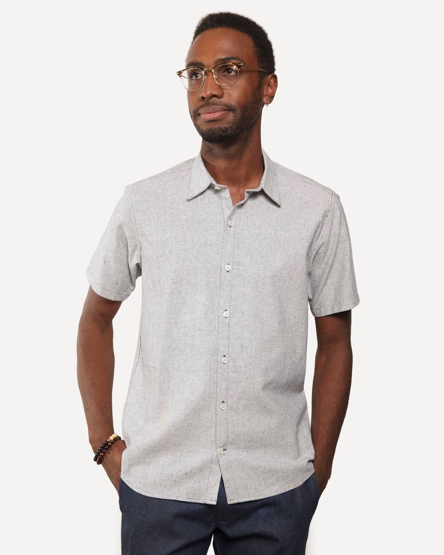 Men 18 Waits Shirts | Short Sleeve Dylan Shirt | Indigo Linen Hatches