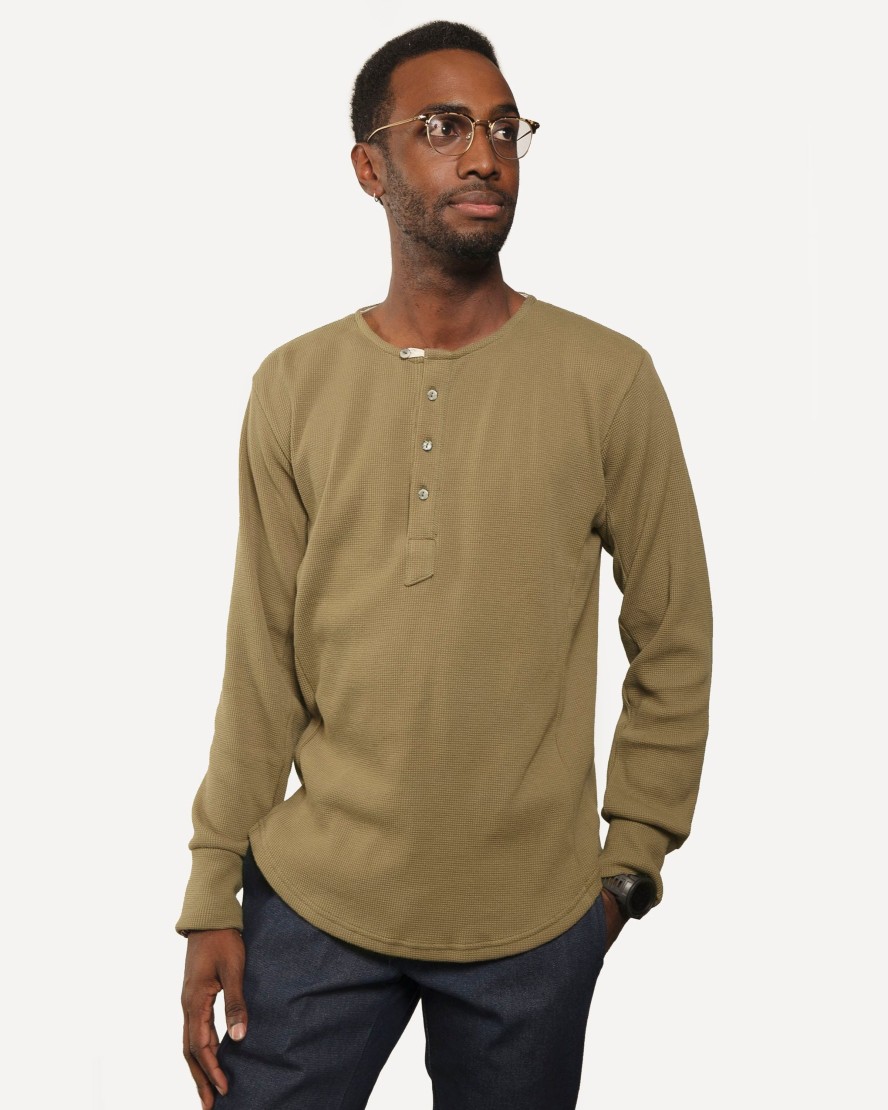 Men 18 Waits Knits | T-Shirts | Heritage Henley | Organic | Khaki Micro Waffle