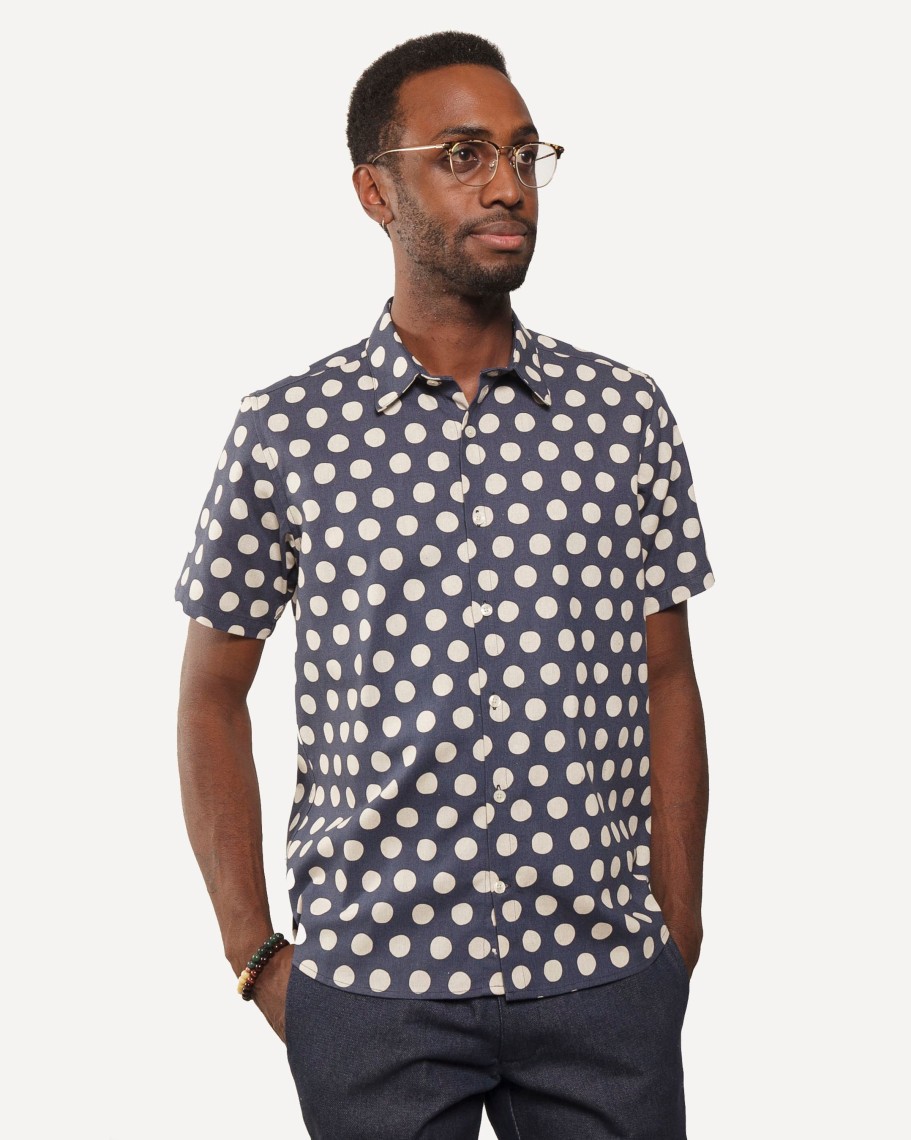 Men 18 Waits Shirts | Short Sleeve Dylan Shirt | Tipsy Linen Dots - Navy