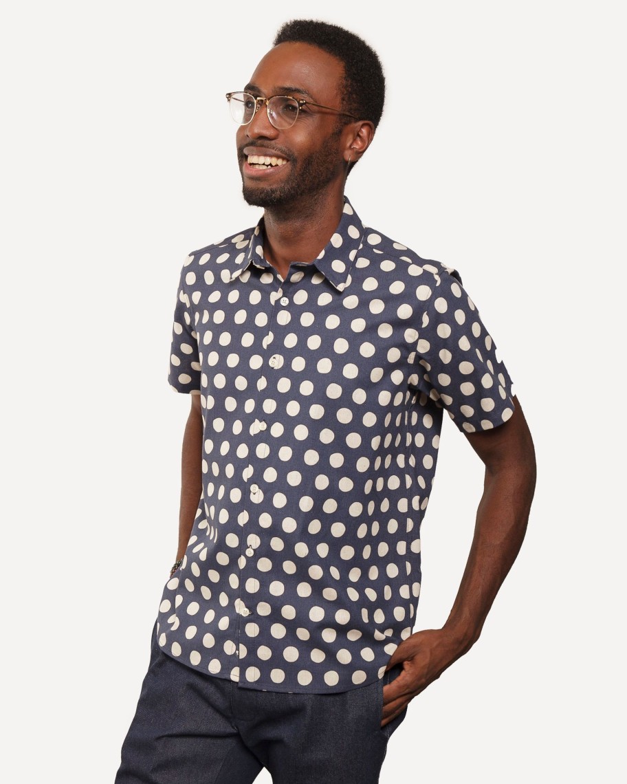 Men 18 Waits Shirts | Short Sleeve Dylan Shirt | Tipsy Linen Dots - Navy